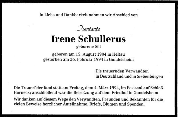 Sill Irene 1904-1994 Todesanzeige